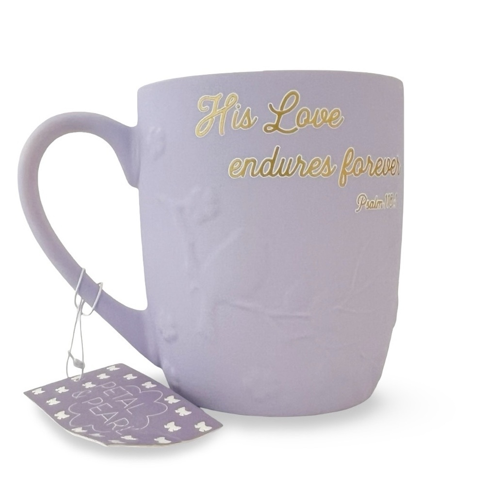 Pedal & Pearl Soft Touch “His Love Endures Forever Psalm 118:1” Lavender Mug NWT